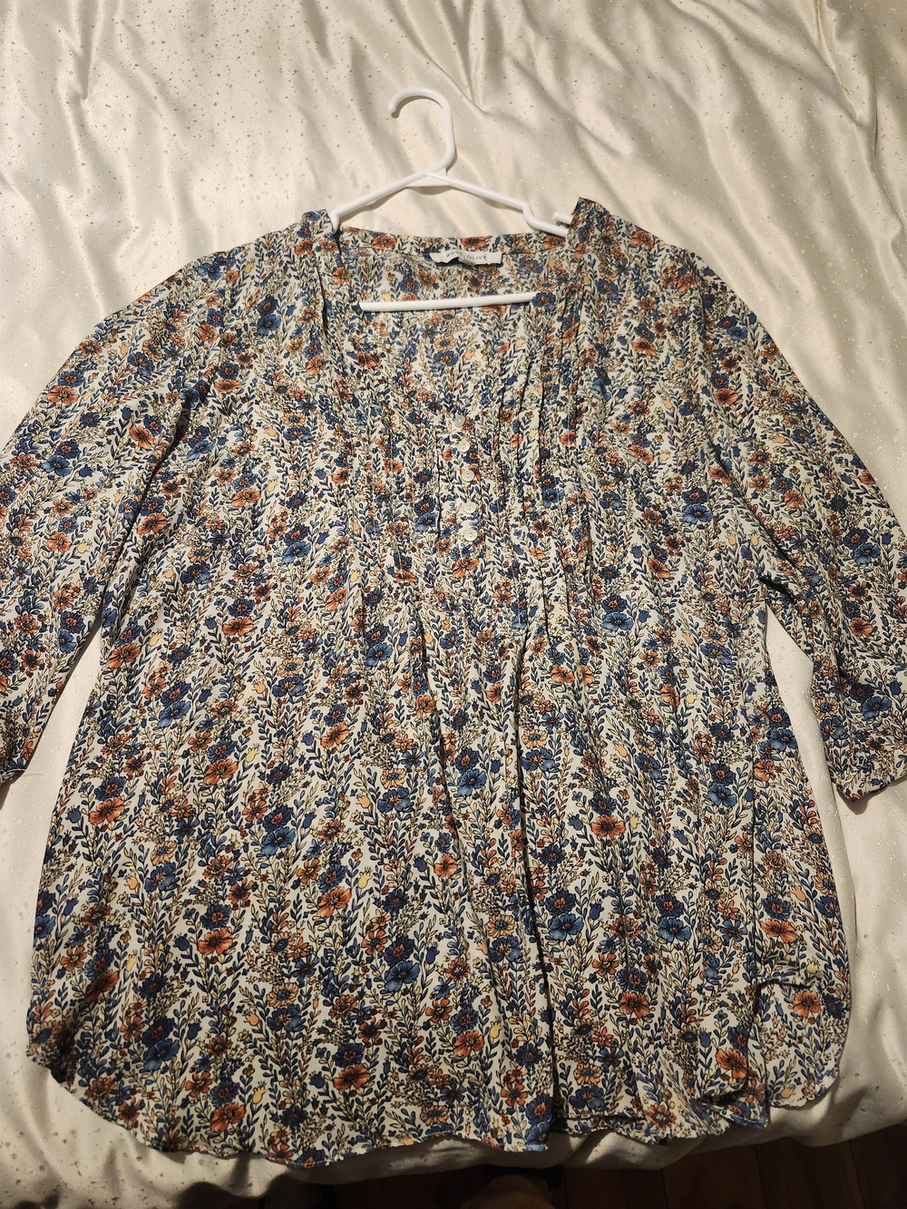 Floral V-Neck Blouse in Cream with Blue & Orange Print